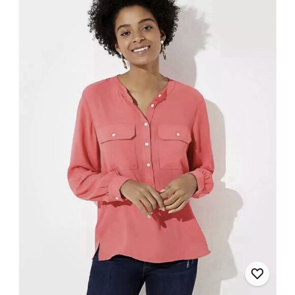 Loft Geranium Henley Long Sleeve Pocket Lightweight Utility Blouse Women 20 Plus - Picture 1 of 9